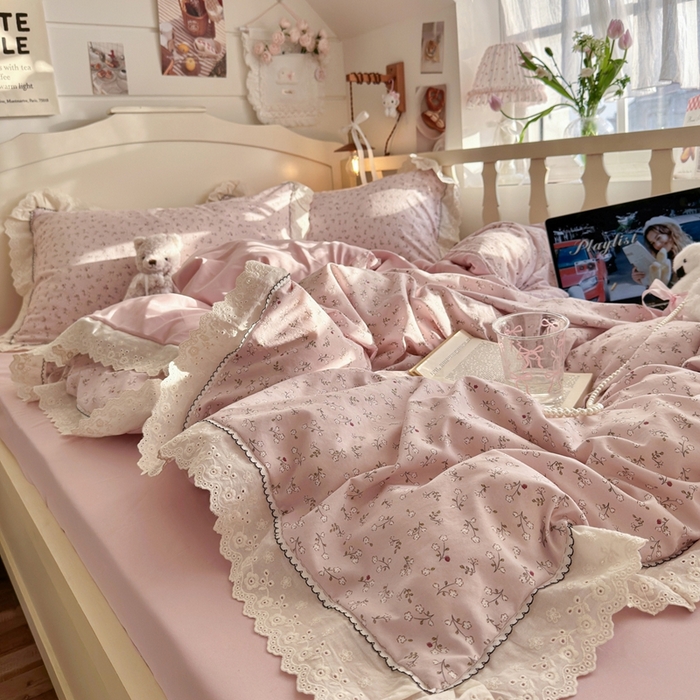 91家纺网 家纺一手货源 找家纺 海岛哥哥 2026新款仿棉云柔纱韩版双花边四件套 花边-枝影