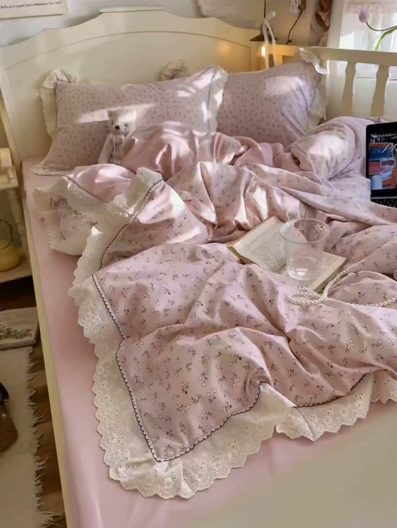 91家纺网 家纺一手货源 找家纺 海岛哥哥 2026新款仿棉云柔纱韩版双花边四件套 花边-枝影
