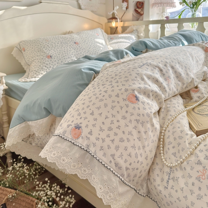 91家纺网 家纺一手货源 找家纺 海岛哥哥 2026新款仿棉云柔纱韩版双花边四件套 花边-枝枝草莓