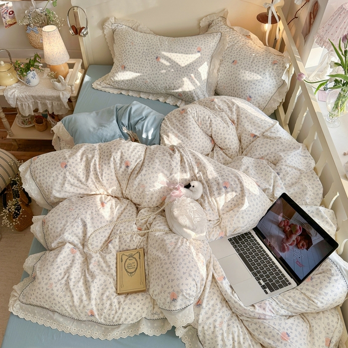 91家纺网 家纺一手货源 找家纺 海岛哥哥 2026新款仿棉云柔纱韩版双花边四件套 花边-枝枝草莓