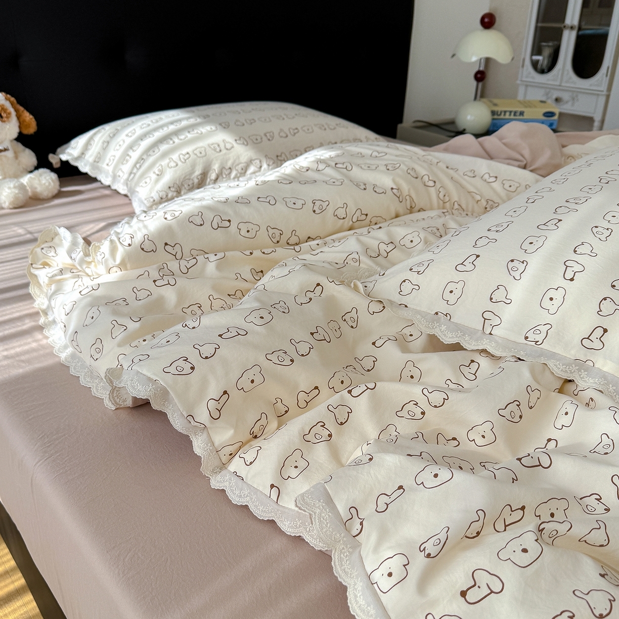 竹合 2026新款田园韩版花边款小碎花古法水洗仿棉A类云感棉四件套 萌宠