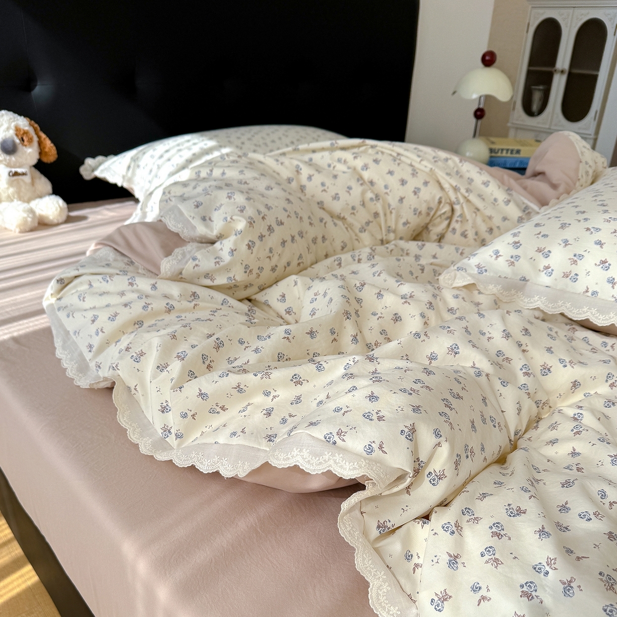 竹合 2026新款田园韩版花边款小碎花古法水洗仿棉A类云感棉四件套 暗香