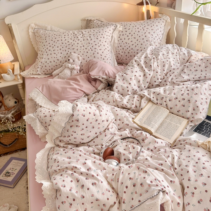 91家纺网 家纺一手货源 找家纺 港岛妹妹 2026新款仿棉云柔纱韩版双花边四件套 花边-禾时