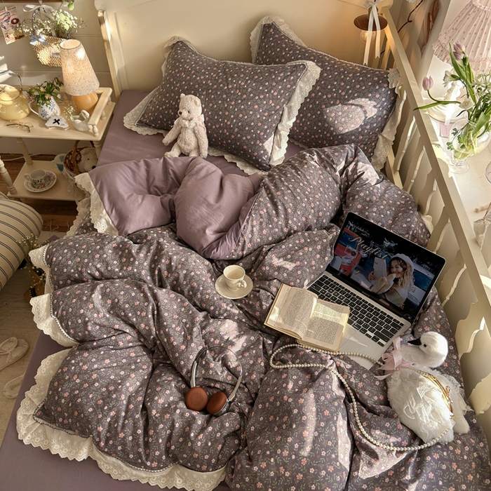 91家纺网 家纺一手货源 找家纺 港岛妹妹 2026新款仿棉云柔纱韩版双花边四件套 花边-花影