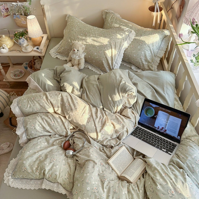 91家纺网 家纺一手货源 找家纺 港岛妹妹 2026新款仿棉云柔纱韩版双花边四件套 花边-桔夏