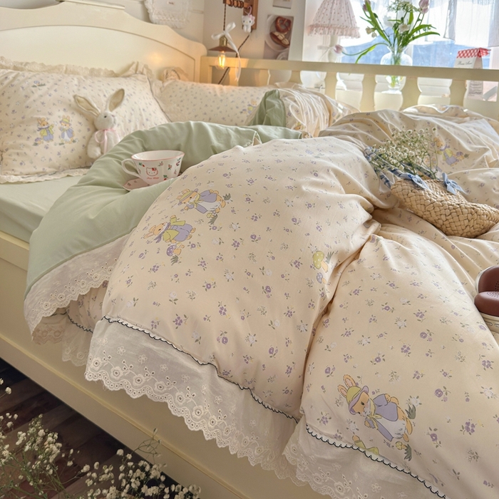 91家纺网 家纺一手货源 找家纺 港岛妹妹 2026新款仿棉云柔纱韩版双花边四件套 花边-萌兔花园