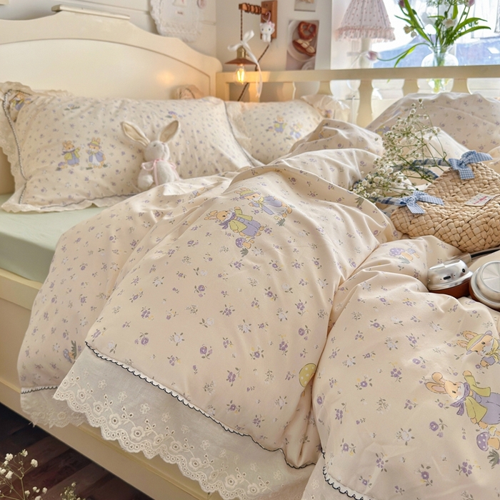 91家纺网 家纺一手货源 找家纺 港岛妹妹 2026新款仿棉云柔纱韩版双花边四件套 花边-萌兔花园