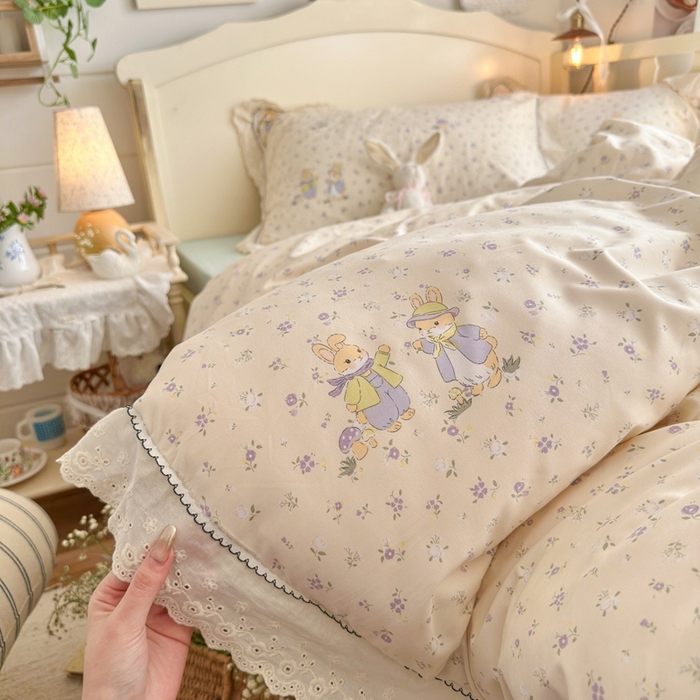 91家纺网 家纺一手货源 找家纺 港岛妹妹 2026新款仿棉云柔纱韩版双花边四件套 花边-萌兔花园