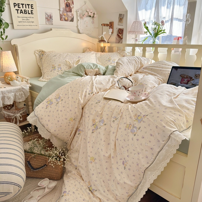 91家纺网 家纺一手货源 找家纺 港岛妹妹 2026新款仿棉云柔纱韩版双花边四件套 花边-萌兔花园