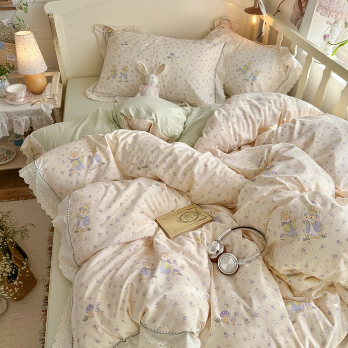 91家纺网 家纺一手货源 找家纺 港岛妹妹 2026新款仿棉云柔纱韩版双花边四件套 花边-萌兔花园