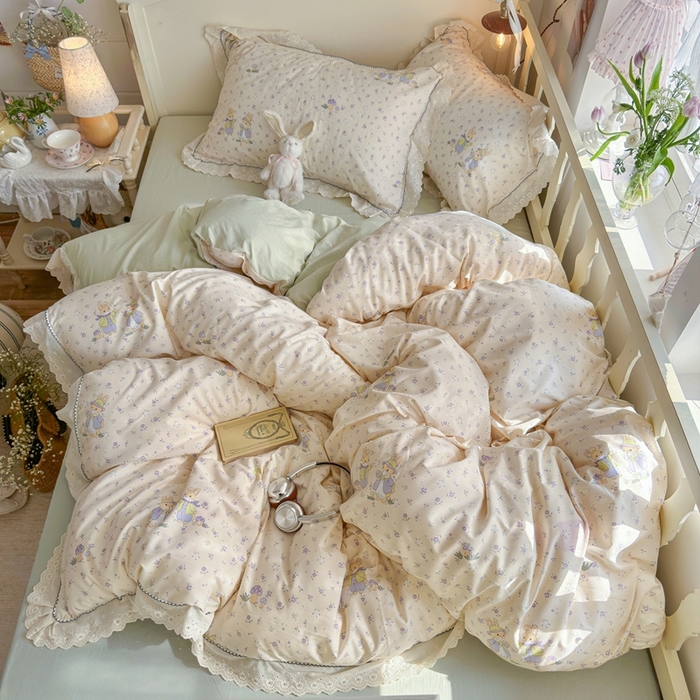 91家纺网 家纺一手货源 找家纺 港岛妹妹 2026新款仿棉云柔纱韩版双花边四件套 花边-萌兔花园