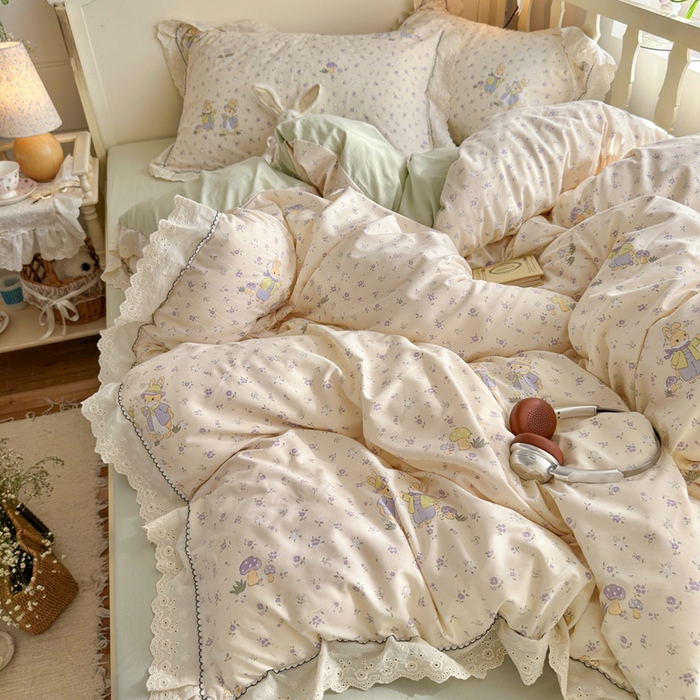 91家纺网 家纺一手货源 找家纺 港岛妹妹 2026新款仿棉云柔纱韩版双花边四件套 花边-萌兔花园