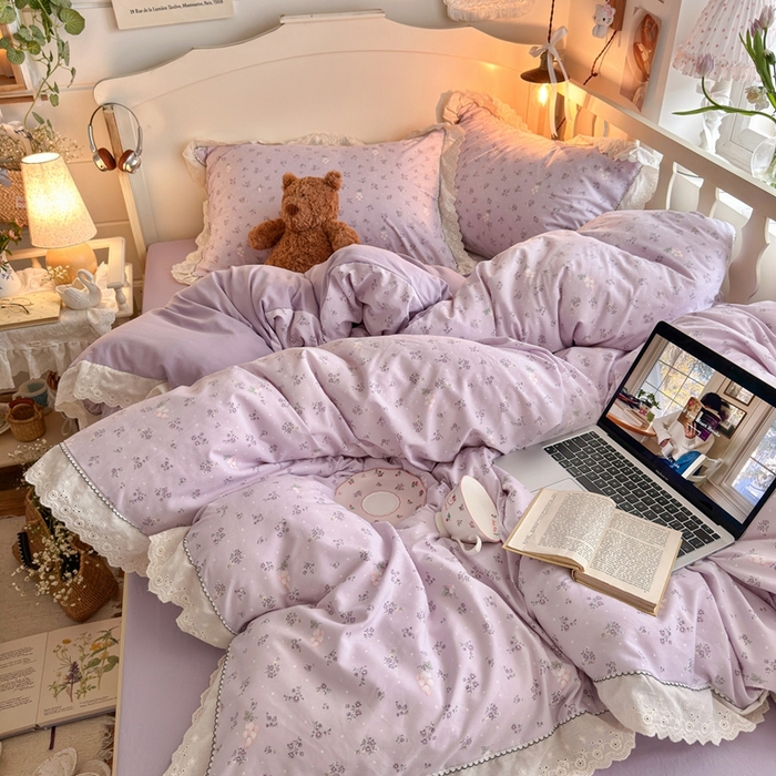 91家纺网 家纺一手货源 找家纺 港岛妹妹 2026新款仿棉云柔纱韩版双花边四件套 花边-葡萄园