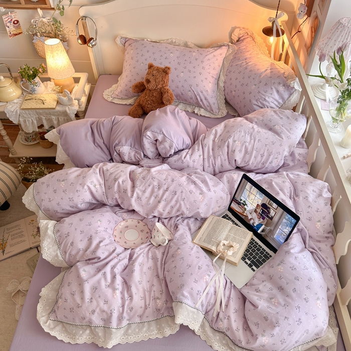 91家纺网 家纺一手货源 找家纺 港岛妹妹 2026新款仿棉云柔纱韩版双花边四件套 花边-葡萄园