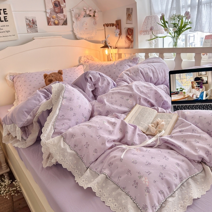 91家纺网 家纺一手货源 找家纺 港岛妹妹 2026新款仿棉云柔纱韩版双花边四件套 花边-葡萄园