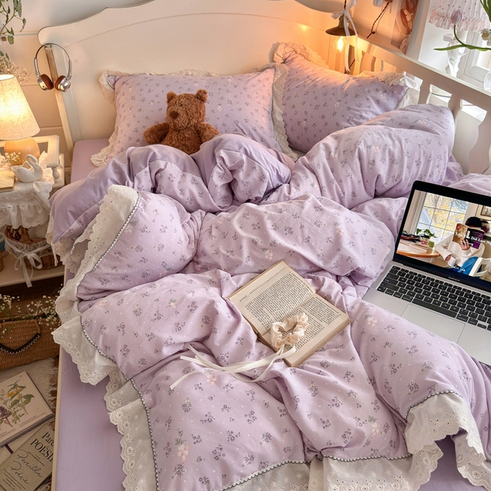 91家纺网 家纺一手货源 找家纺 港岛妹妹 2026新款仿棉云柔纱韩版双花边四件套 花边-葡萄园