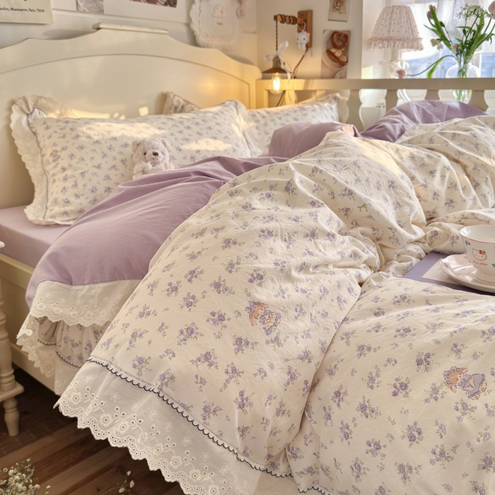 91家纺网 家纺一手货源 找家纺 港岛妹妹 2026新款仿棉云柔纱韩版双花边四件套 花边-兔兔小姐