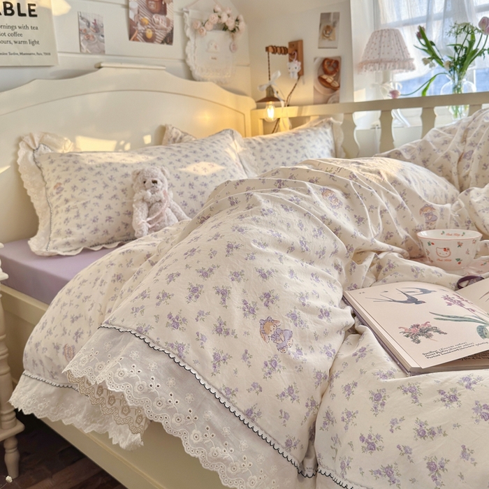 91家纺网 家纺一手货源 找家纺 港岛妹妹 2026新款仿棉云柔纱韩版双花边四件套 花边-兔兔小姐