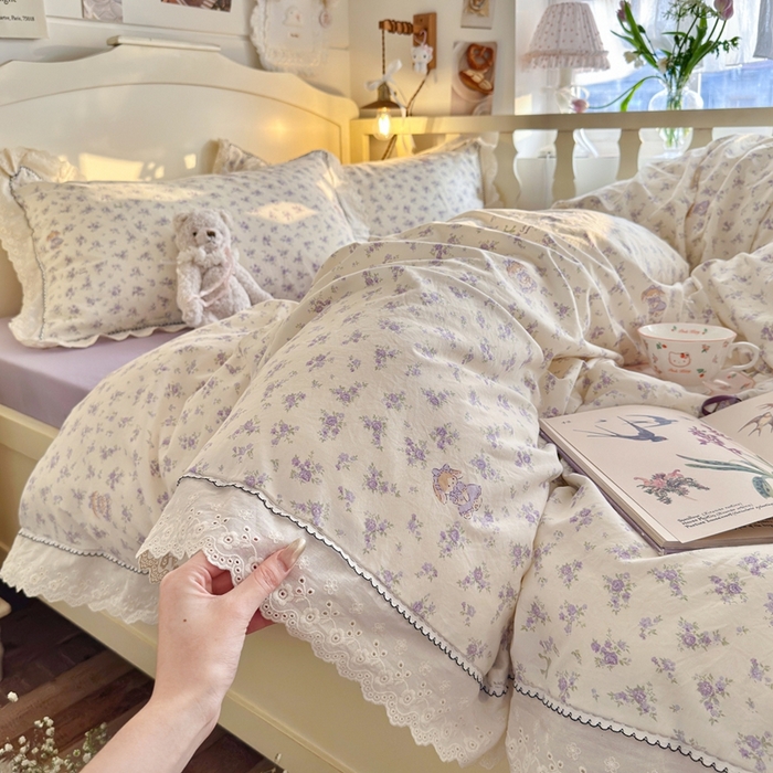 91家纺网 家纺一手货源 找家纺 港岛妹妹 2026新款仿棉云柔纱韩版双花边四件套 花边-兔兔小姐