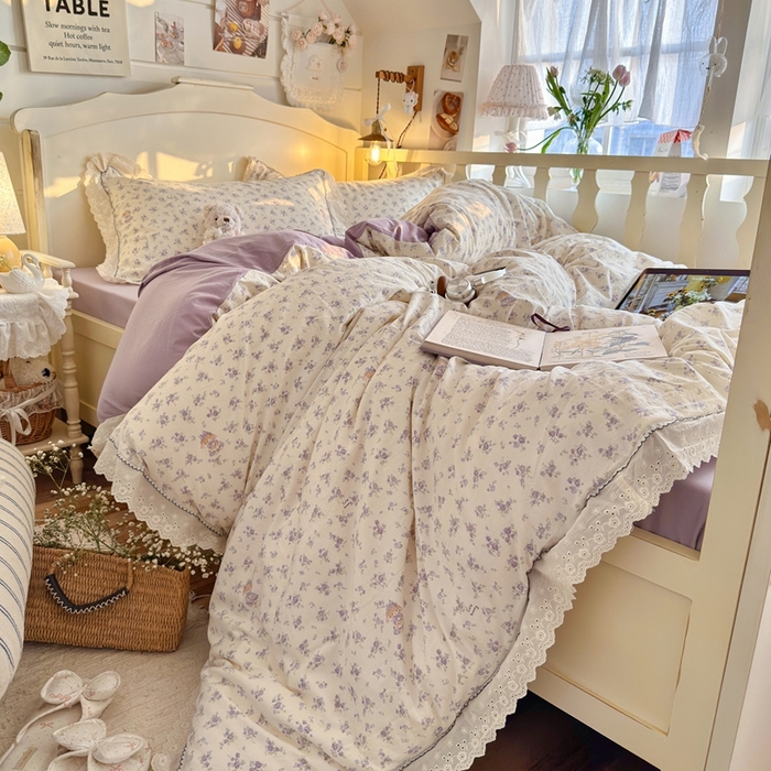 91家纺网 家纺一手货源 找家纺 港岛妹妹 2026新款仿棉云柔纱韩版双花边四件套 花边-兔兔小姐