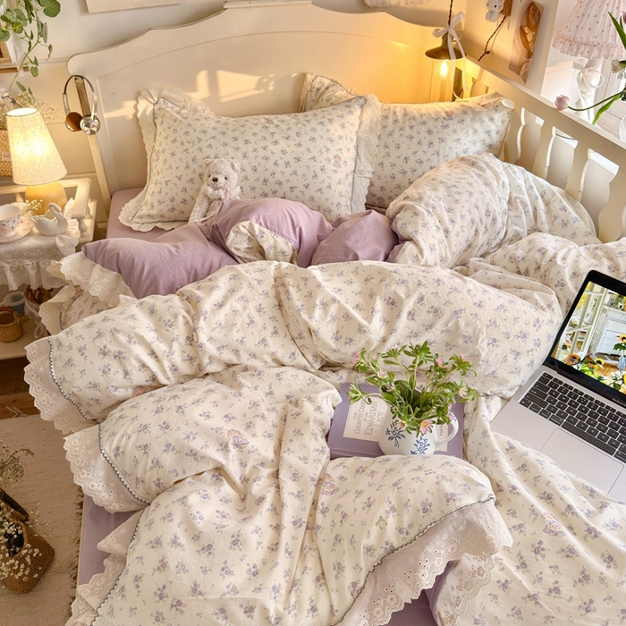 91家纺网 家纺一手货源 找家纺 港岛妹妹 2026新款仿棉云柔纱韩版双花边四件套 花边-兔兔小姐