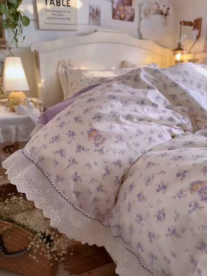 91家纺网 家纺一手货源 找家纺 港岛妹妹 2026新款仿棉云柔纱韩版双花边四件套 花边-兔兔小姐