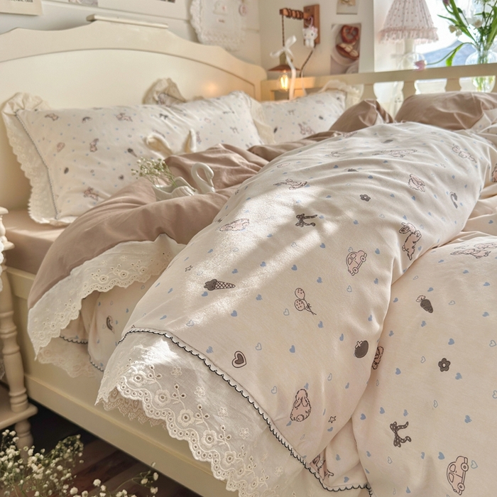 91家纺网 家纺一手货源 找家纺 港岛妹妹 2026新款仿棉云柔纱韩版双花边四件套 花边-兔薇薇