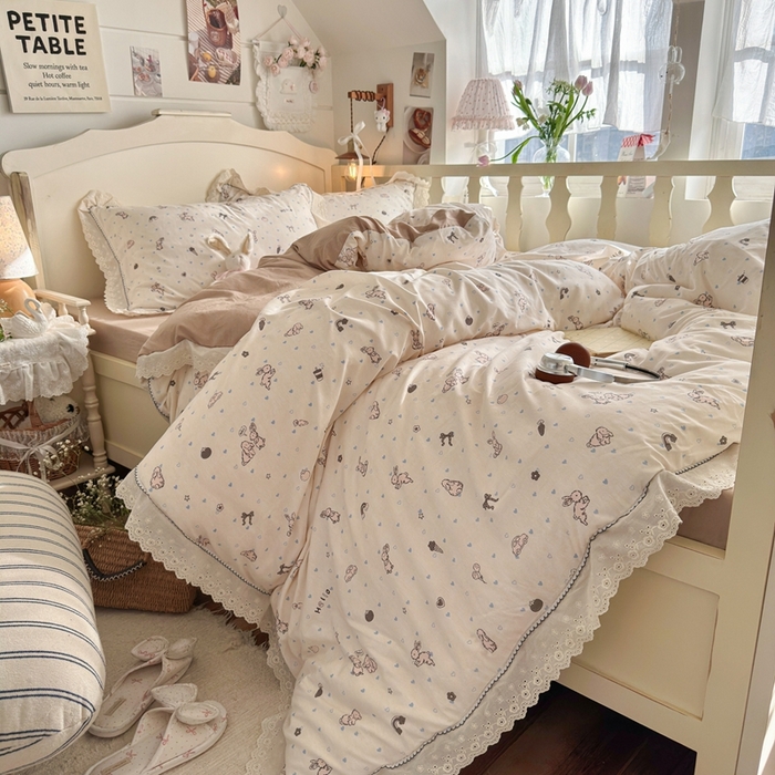 91家纺网 家纺一手货源 找家纺 港岛妹妹 2026新款仿棉云柔纱韩版双花边四件套 花边-兔薇薇