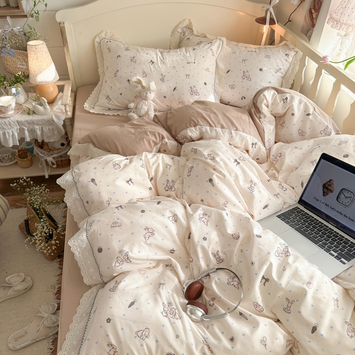 91家纺网 家纺一手货源 找家纺 港岛妹妹 2026新款仿棉云柔纱韩版双花边四件套 花边-兔薇薇