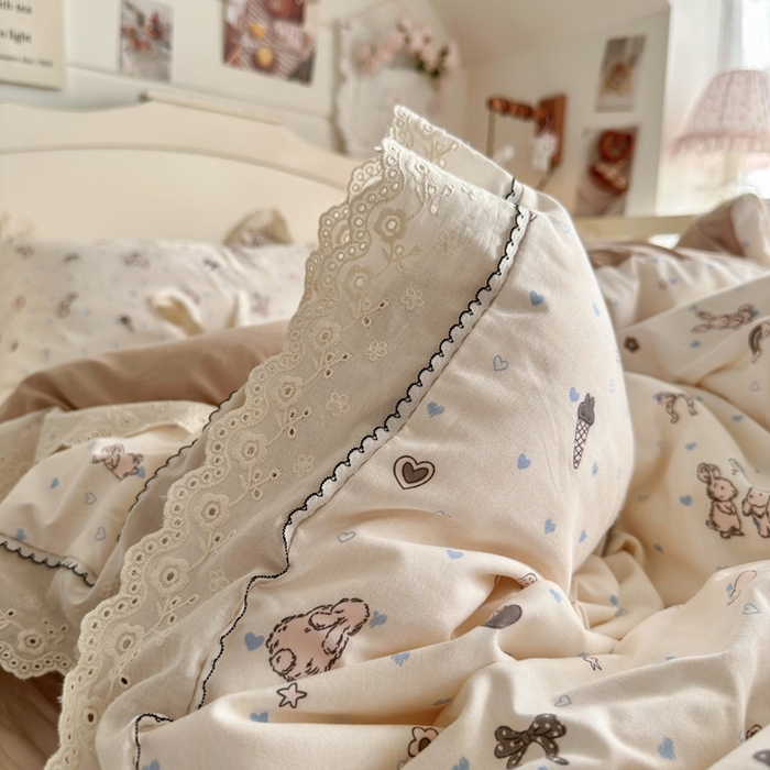 91家纺网 家纺一手货源 找家纺 港岛妹妹 2026新款仿棉云柔纱韩版双花边四件套 花边-兔薇薇