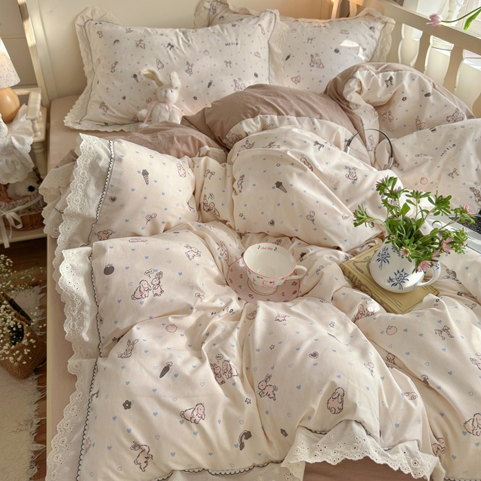 91家纺网 家纺一手货源 找家纺 港岛妹妹 2026新款仿棉云柔纱韩版双花边四件套 花边-兔薇薇