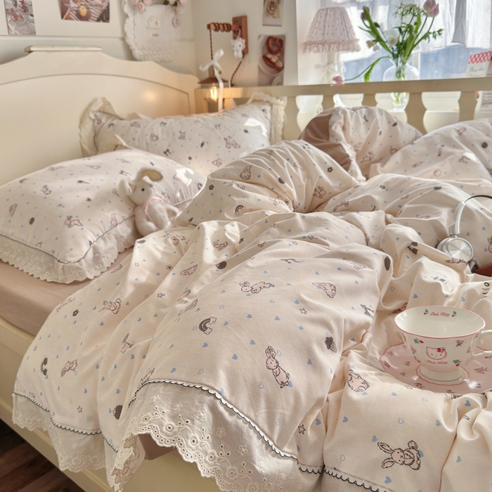 91家纺网 家纺一手货源 找家纺 港岛妹妹 2026新款仿棉云柔纱韩版双花边四件套 花边-兔薇薇