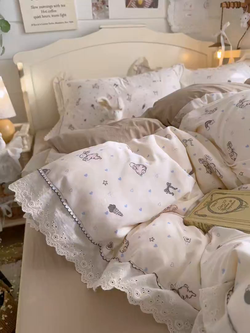 91家纺网 家纺一手货源 找家纺 港岛妹妹 2026新款仿棉云柔纱韩版双花边四件套 花边-兔薇薇