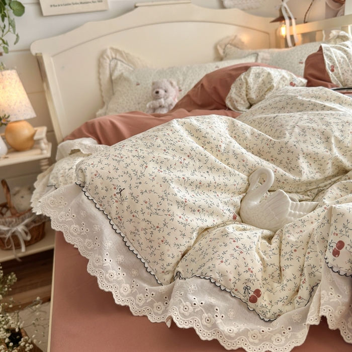 91家纺网 家纺一手货源 找家纺 港岛妹妹 2026新款仿棉云柔纱韩版双花边四件套 花边-樱桃枝枝