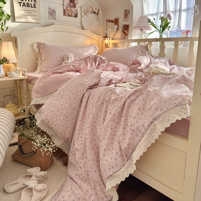 91家纺网 家纺一手货源 找家纺 港岛妹妹 2026新款仿棉云柔纱韩版双花边四件套 花边-枝影