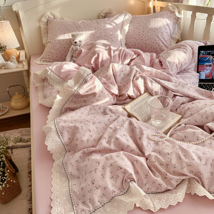 91家纺网 家纺一手货源 找家纺 港岛妹妹 2026新款仿棉云柔纱韩版双花边四件套 花边-枝影