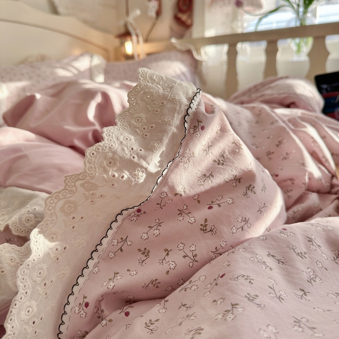 91家纺网 家纺一手货源 找家纺 港岛妹妹 2026新款仿棉云柔纱韩版双花边四件套 花边-枝影