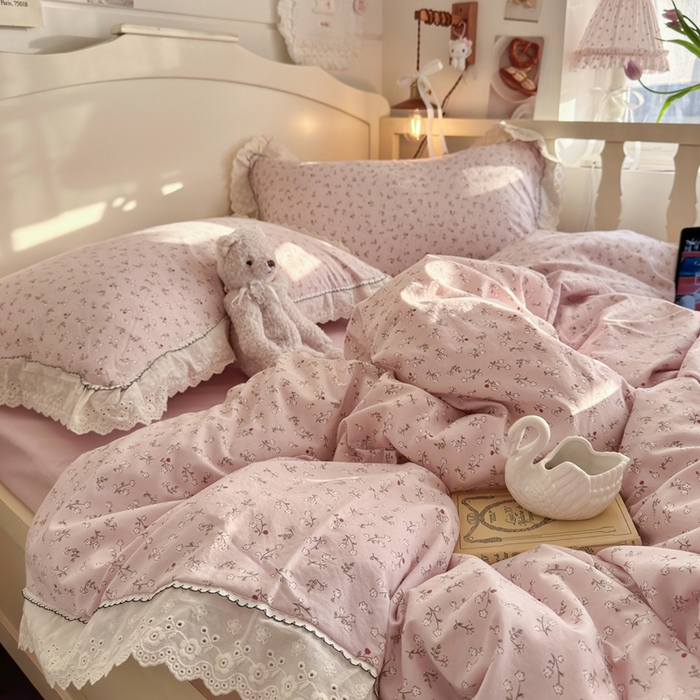 91家纺网 家纺一手货源 找家纺 港岛妹妹 2026新款仿棉云柔纱韩版双花边四件套 花边-枝影