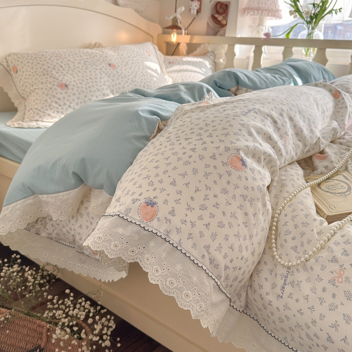 91家纺网 家纺一手货源 找家纺 港岛妹妹 2026新款仿棉云柔纱韩版双花边四件套 花边-枝枝草莓