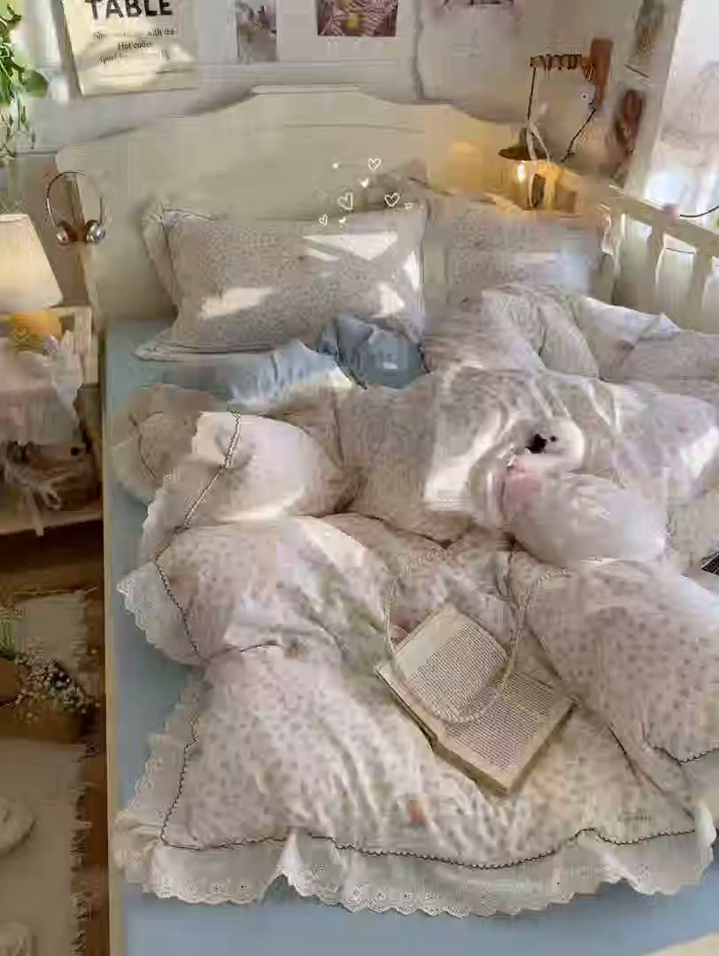 91家纺网 家纺一手货源 找家纺 港岛妹妹 2026新款仿棉云柔纱韩版双花边四件套 花边-枝枝草莓