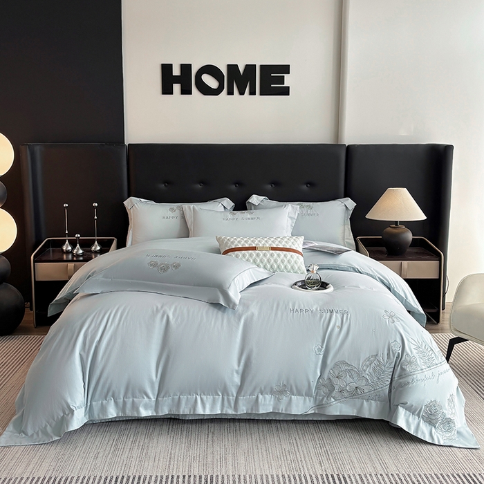 91家纺网 家纺一手货源 找家纺 桃园 新款纯棉全棉长绒棉刺绣绣花高端礼盒四件套-卡尔系列 卡尔 飘蓝