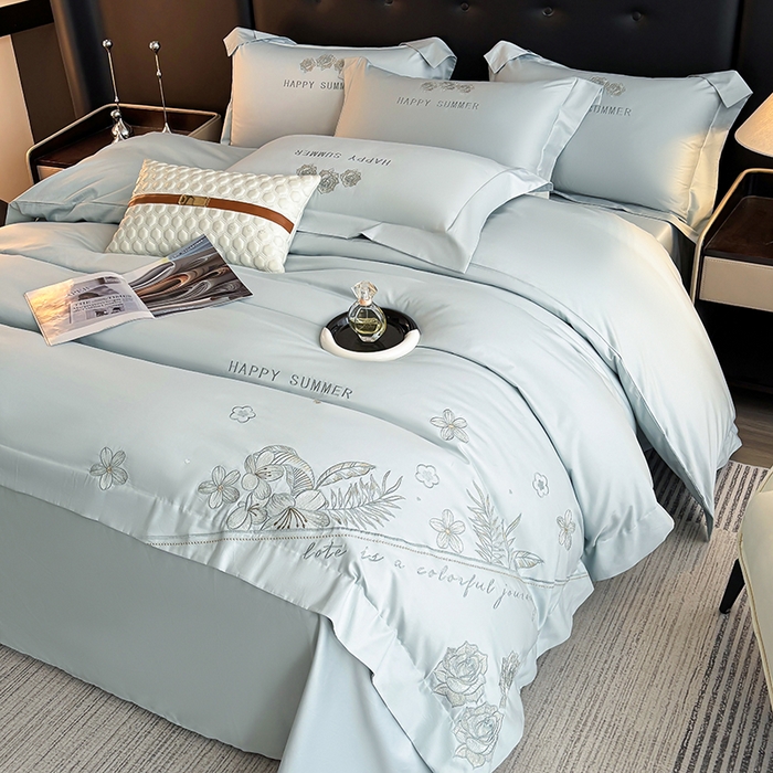 91家纺网 家纺一手货源 找家纺 桃园 新款纯棉全棉长绒棉刺绣绣花高端礼盒四件套-卡尔系列 卡尔 飘蓝