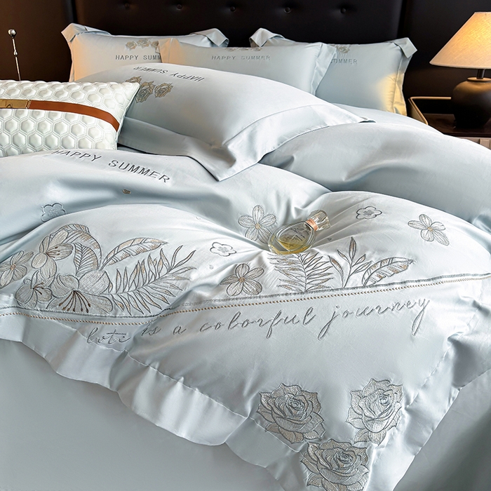 91家纺网 家纺一手货源 找家纺 桃园 新款纯棉全棉长绒棉刺绣绣花高端礼盒四件套-卡尔系列 卡尔 飘蓝