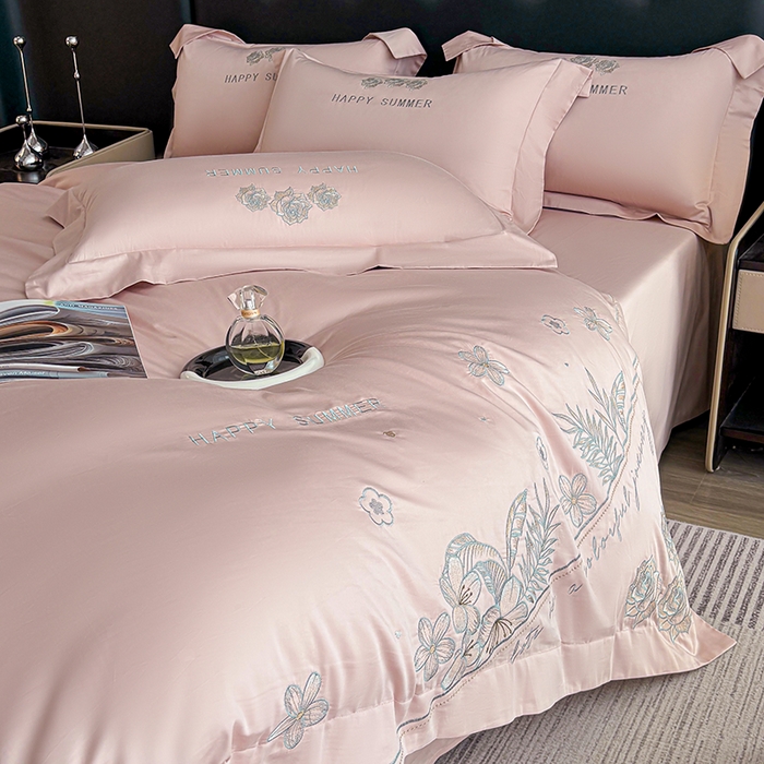 91家纺网 家纺一手货源 找家纺 桃园 新款纯棉全棉长绒棉刺绣绣花高端礼盒四件套-卡尔系列 卡尔 轻奢粉