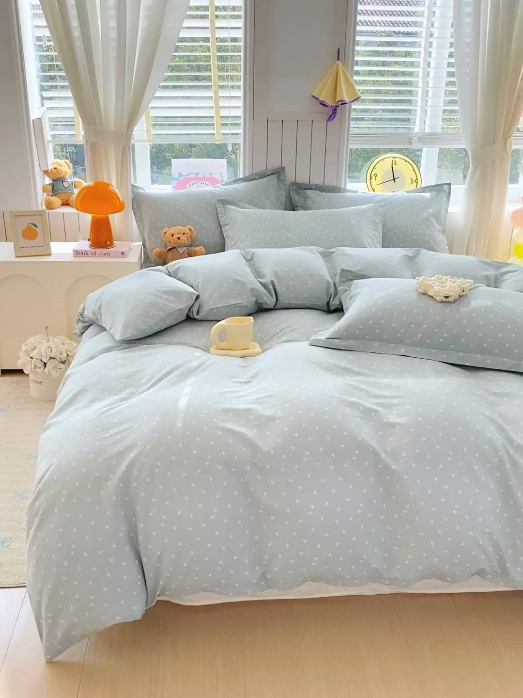 91家纺网 家纺一手货源 找家纺 金丝兔 2026新款纯棉印花四件套系列 樱桃-蓝