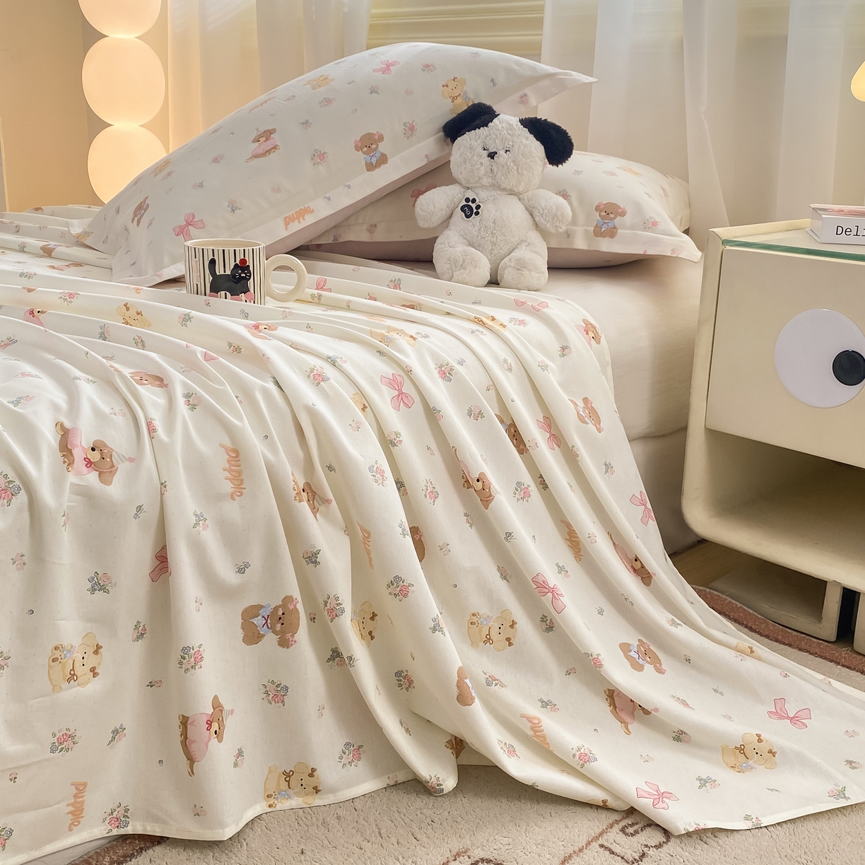 91家纺网 家纺一手货源 找家纺 花梦欣 2026新款全棉印花单品系列-单床单 酷卡小狗