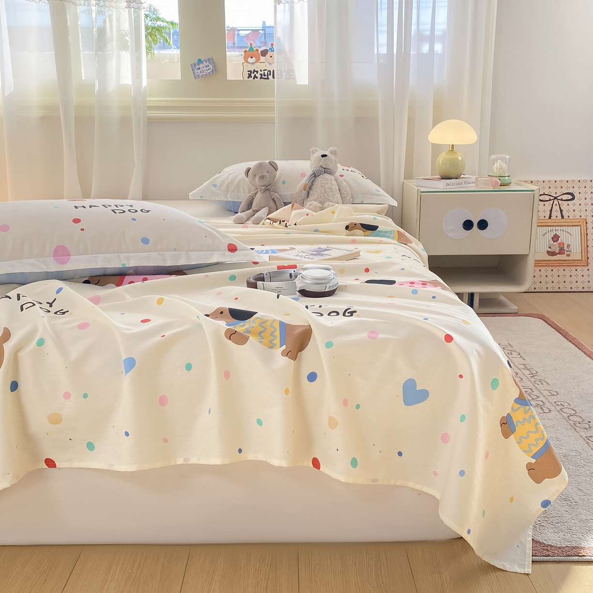 91家纺网 家纺一手货源 找家纺 花梦欣 2026新款全棉印花单品系列-单床单 甜心汪星人