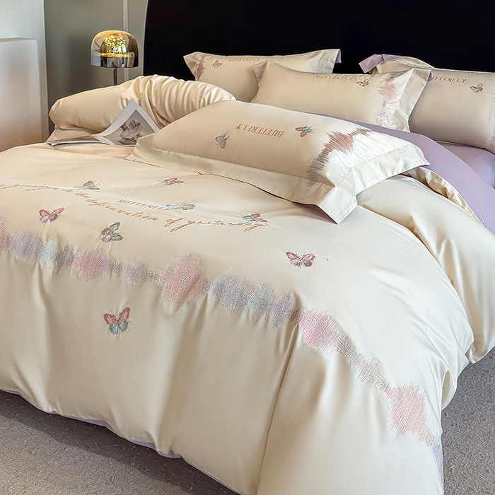 桃园 新款纯棉全棉长绒棉刺绣绣花高端礼盒四件套-漫舞 漫舞-白紫