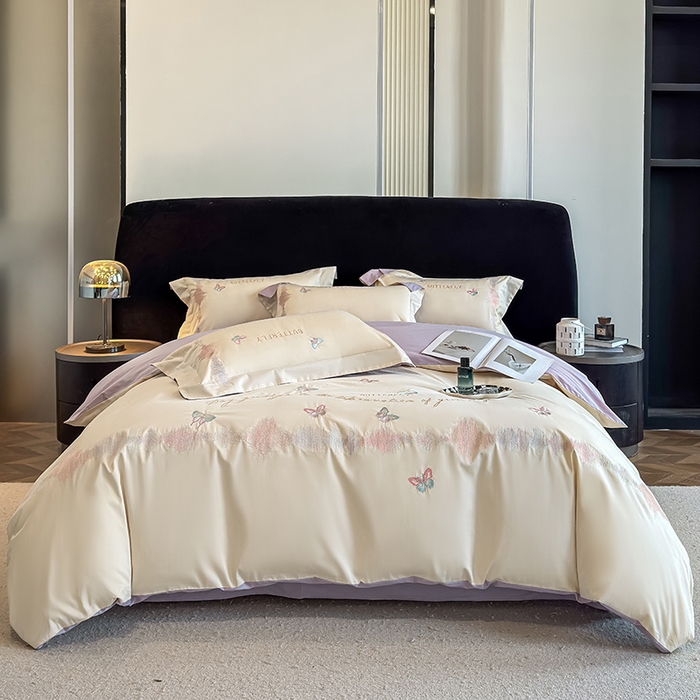 91家纺网 家纺一手货源 找家纺 桃园 新款纯棉全棉长绒棉刺绣绣花高端礼盒四件套-漫舞 漫舞-白紫