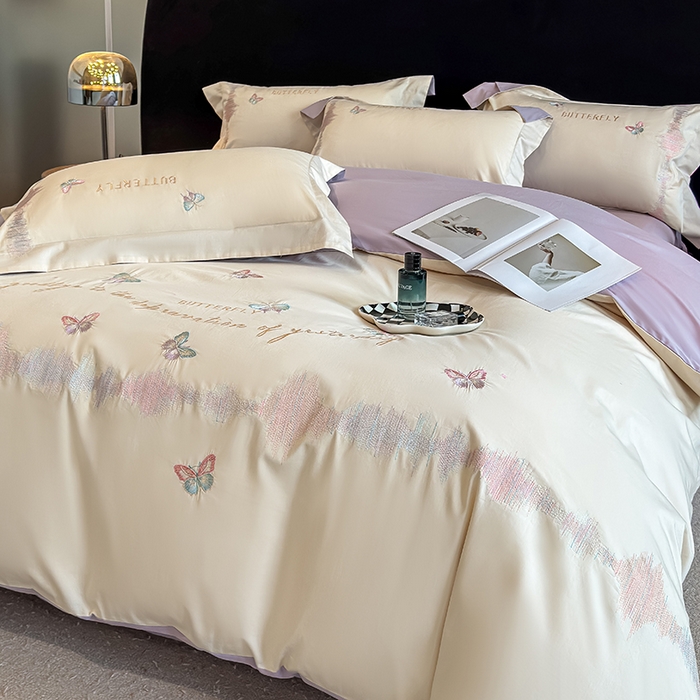 91家纺网 家纺一手货源 找家纺 桃园 新款纯棉全棉长绒棉刺绣绣花高端礼盒四件套-漫舞 漫舞-白紫